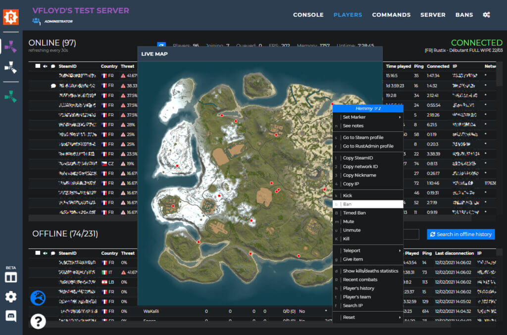 Rustadmin Online interface showcasing live map heatmap image