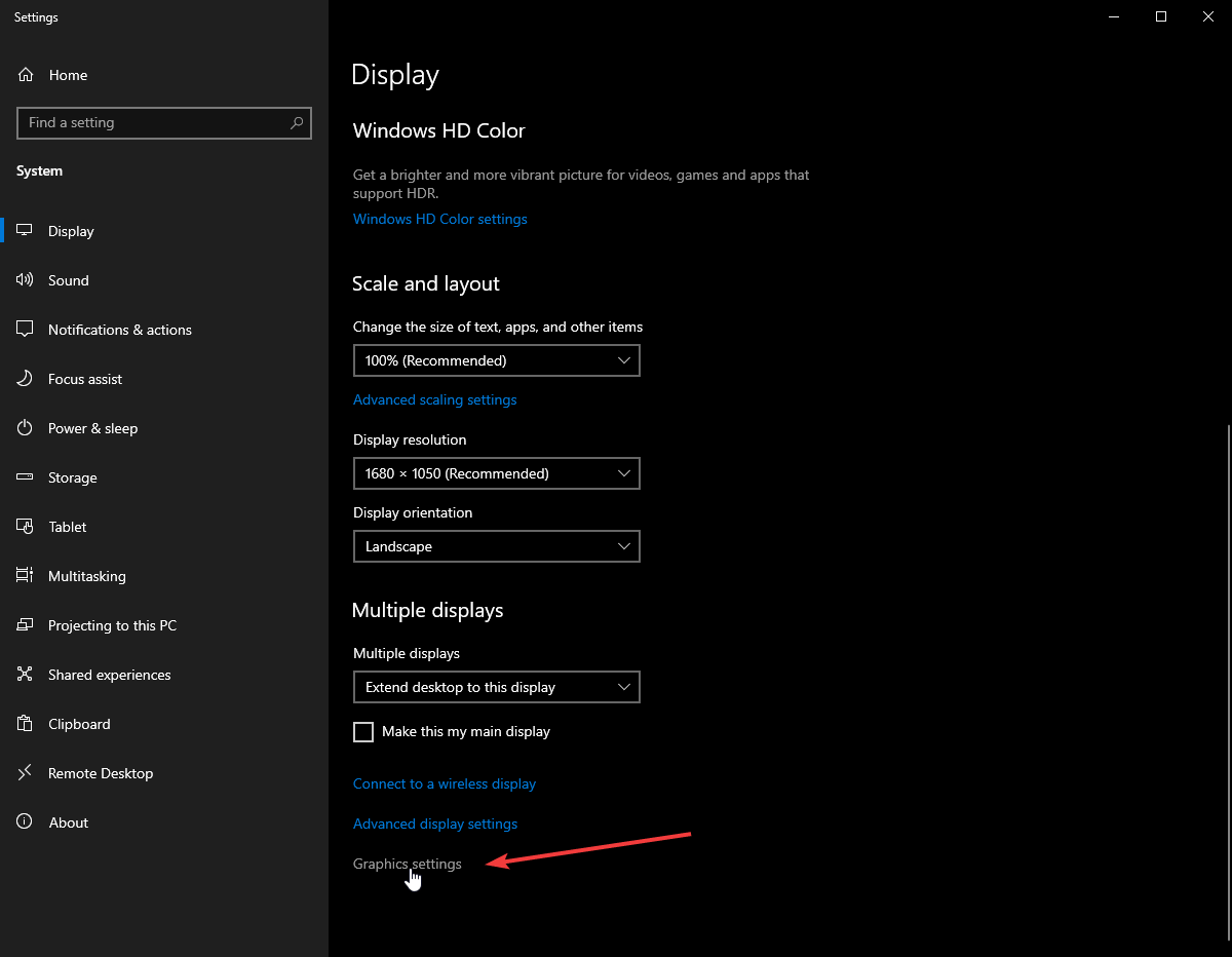 Scroll down inside of the Display settings window and click Graphics Settings.