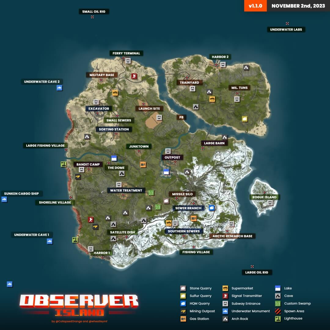 Observer Island Rust map layout overview and monument locations