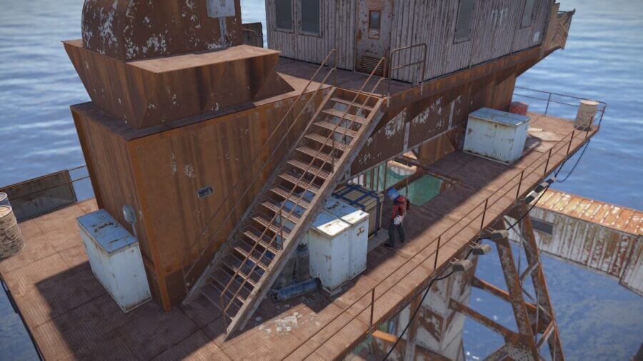 Once climbed up the rusty tower you will find a crate spawn and a barrel spawn.