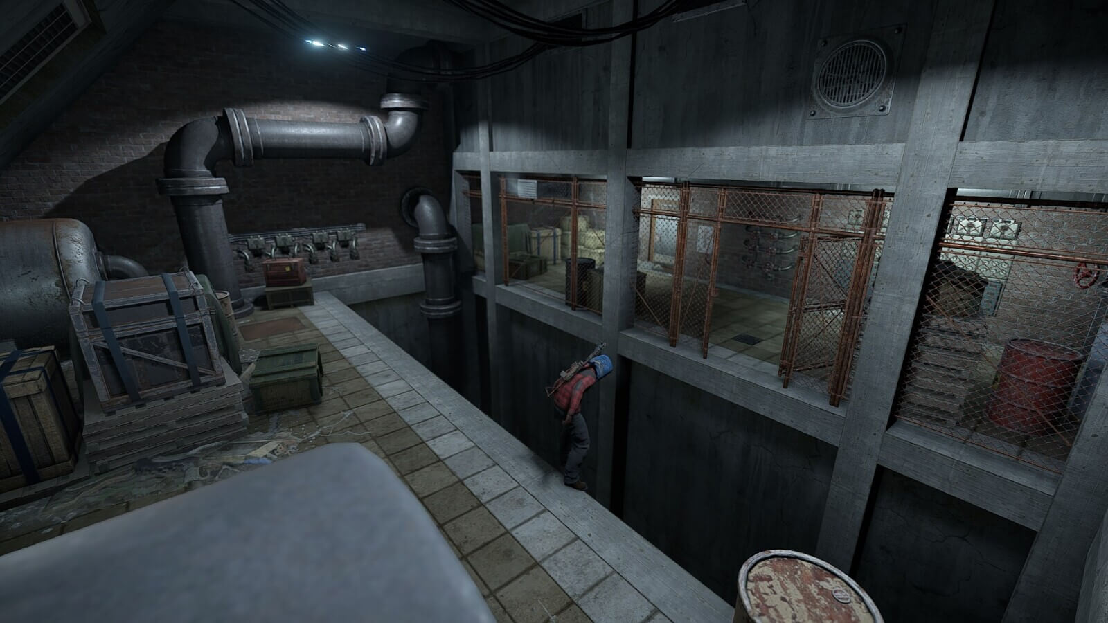 A player looking into a death pit located inside of the P8 monument on the observer island Rust map