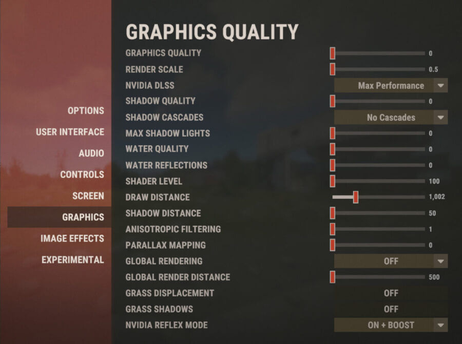 Graphics settings tab for general Graphics Quality settings for optimal FPS.