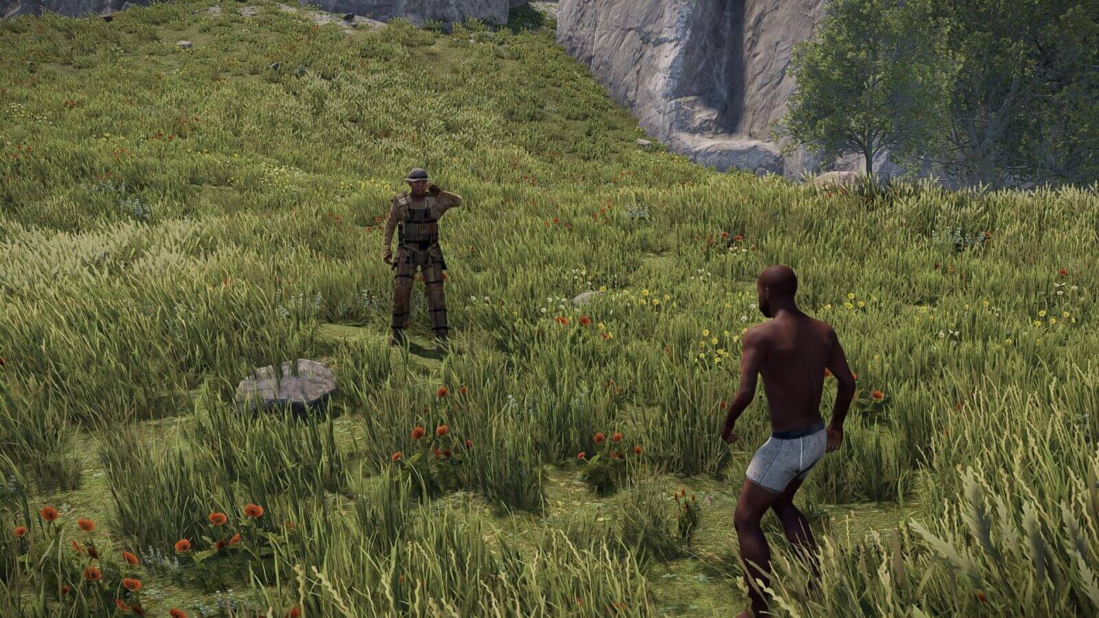 Friendly player in Rust waving at another player to team up.