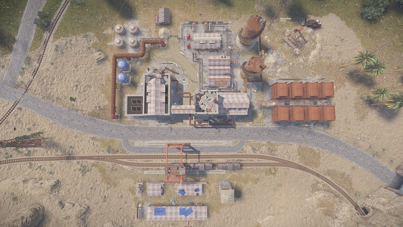 Top down overview of the sorting station custom rust monument on the observer island map