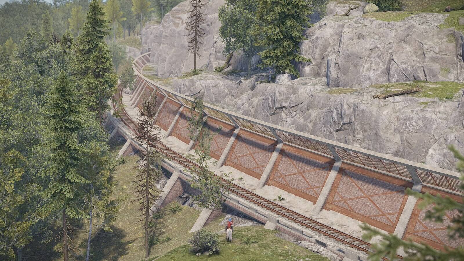 A train network system going alongside the mountain on observer island rust map