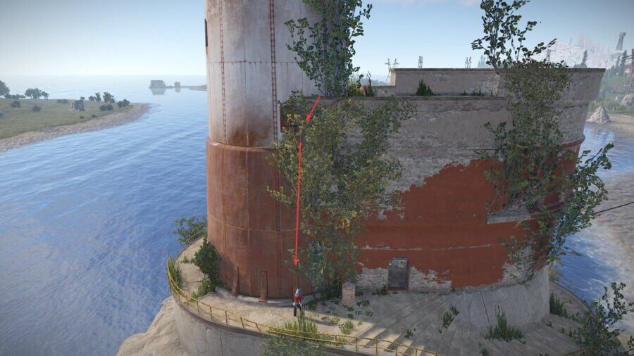The other side of the same mid-level drop down to avoid as much fall damage when leaving lighthouse. Roughly 8-15 health loss with this jump.