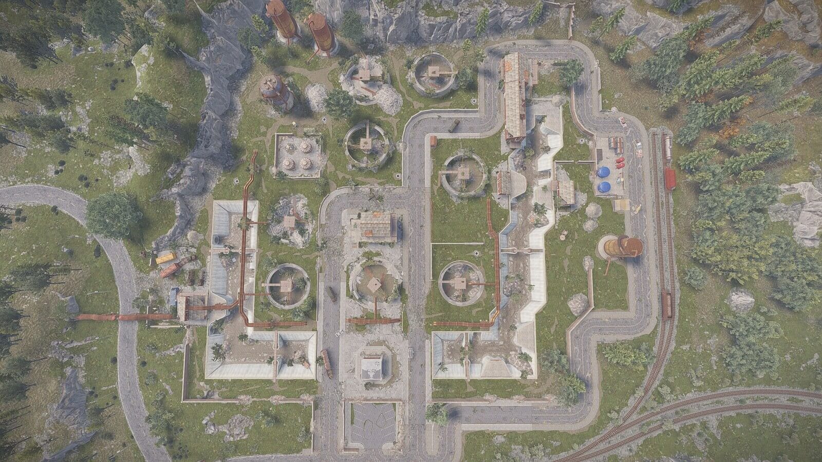 Top down view of the customized water treatment plant monument within Rust on the observer island map.