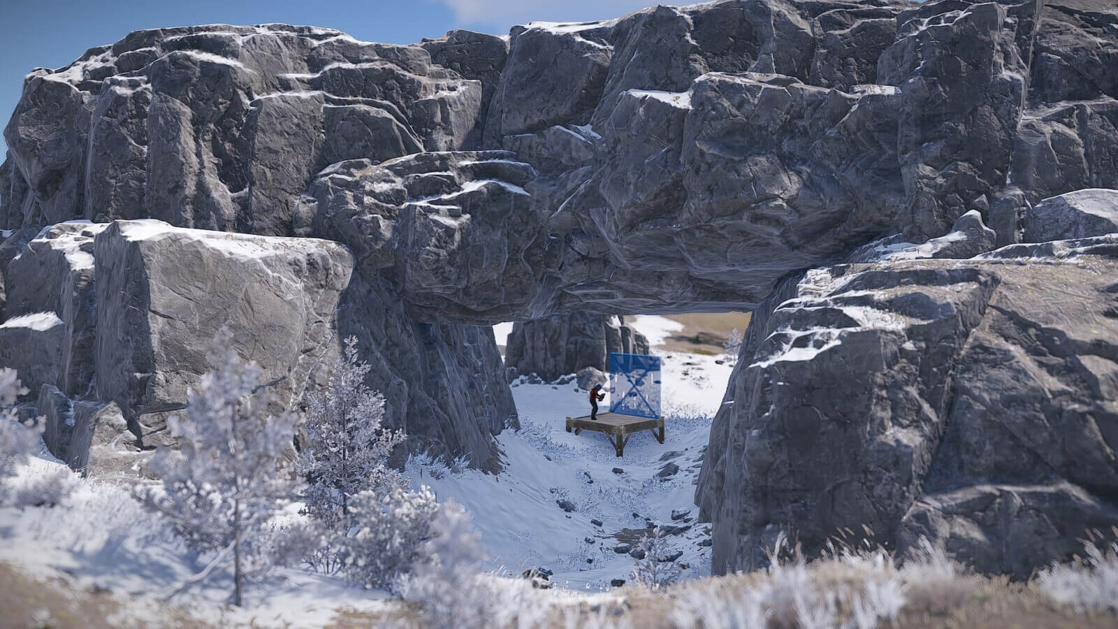 Spread across all of the map, including the arctic biome you can find custom arch rock formations to build within.