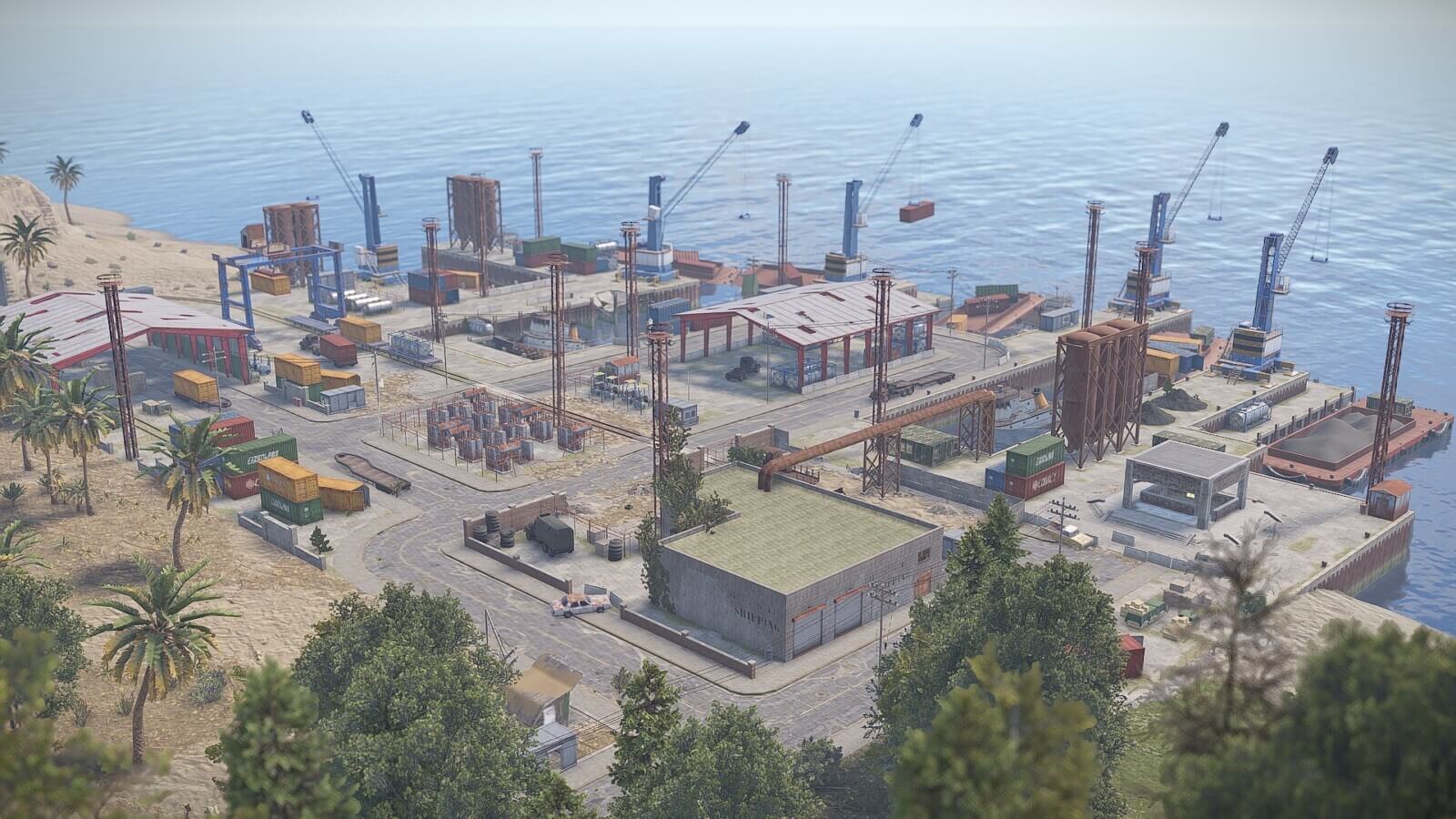 Custom harbor monument overview in Rust on the observer island map.