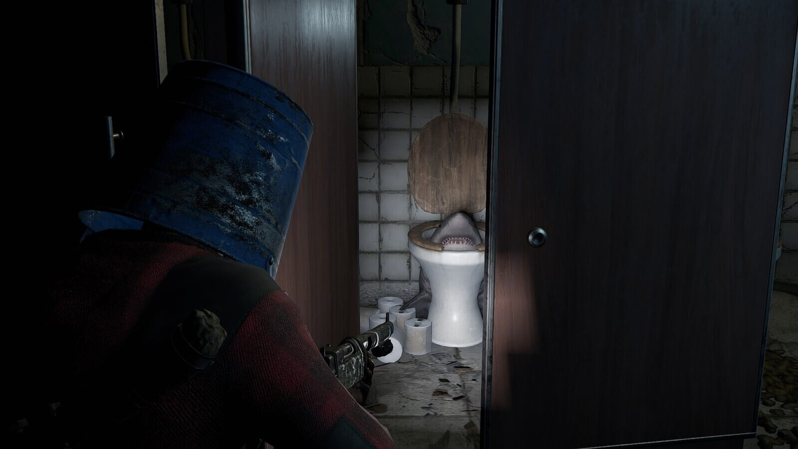 Located in the southern sewers monument on observer island you'll find a very odd shark head in the toilet within the bathroom inside of this monument.