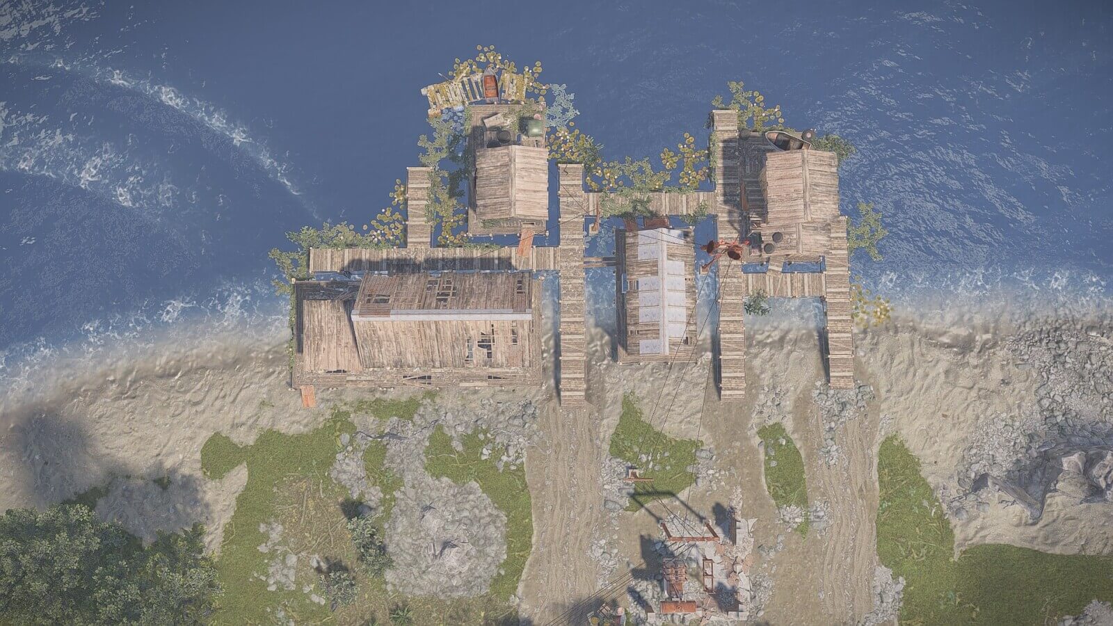 Top-down visual of the shoreline village monument on observer island