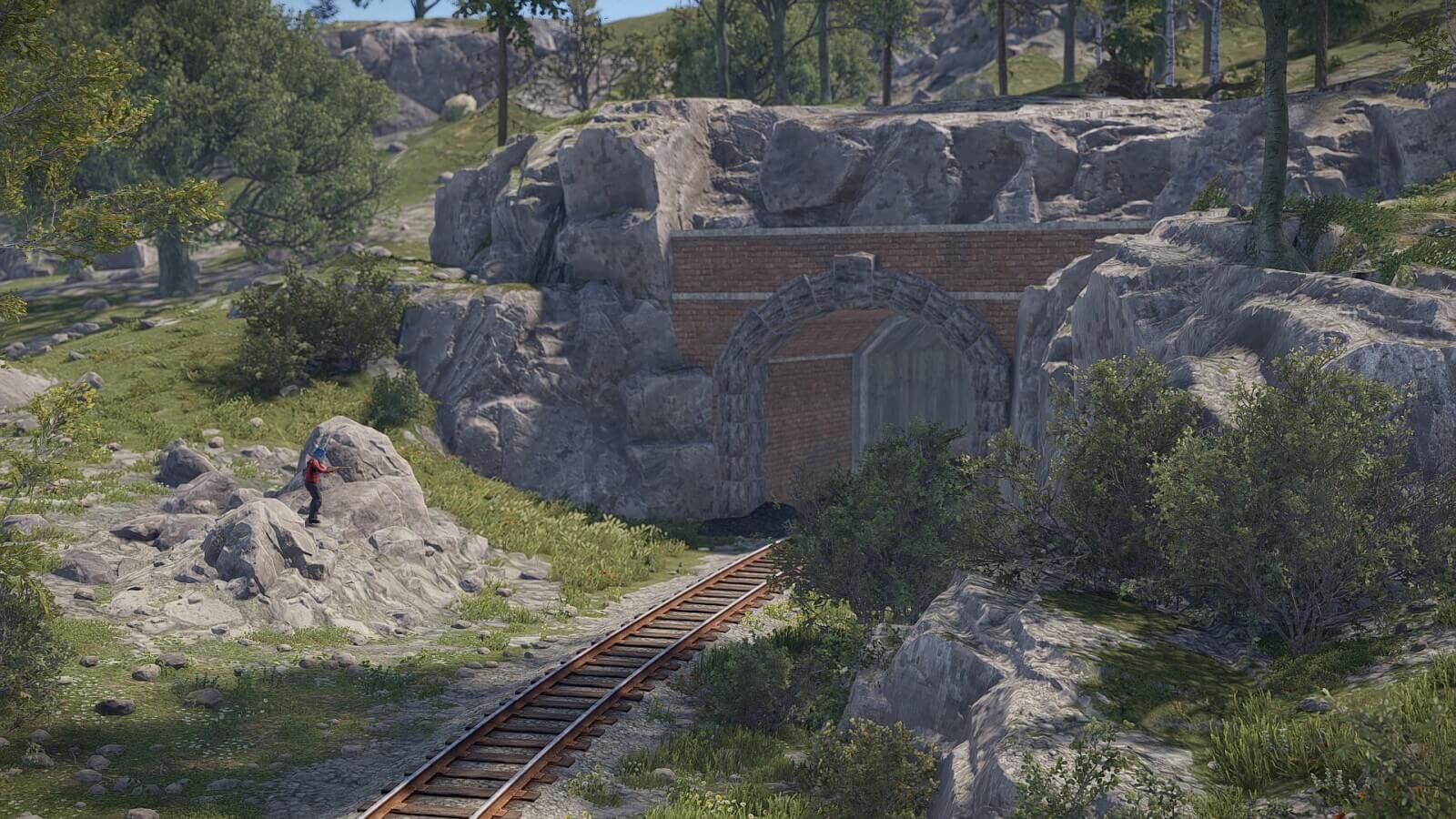 Underground train system entrance tunnel in the terrain on the observer island map