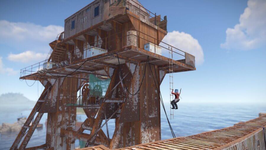 You will see a small rope ladder you have to jump to in order to climb up the rusty tower. This makes for a great secondary way up that location.