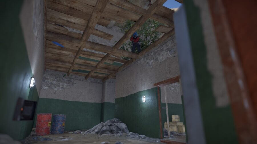 Interior camping spot location of a player watching from the broken floor above.