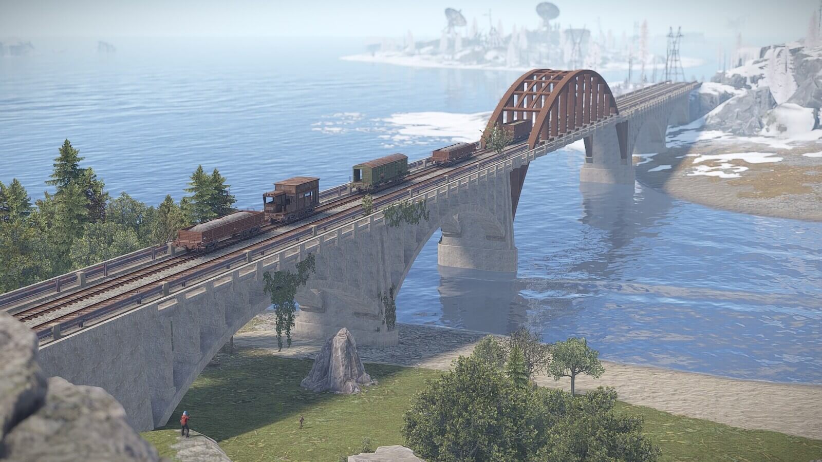 A rust player looking out into the distance of a very large bridge connecting two islands together