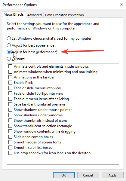 Windows performance options tab to disable optional effects and animations for a overall machine boost in performance.