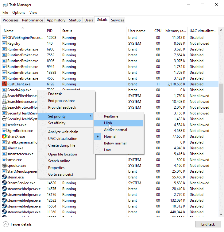 Windows task manager displaying how to set Rust to high priority.