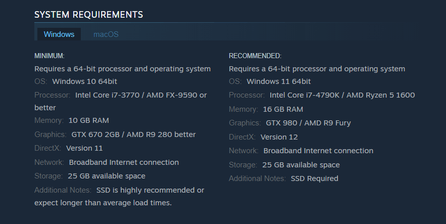 System requirements for Rust as displayed on Steam.