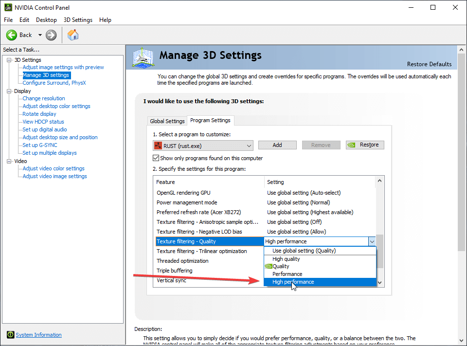 Nvidia Control panel settings for setting Rust to high performance.