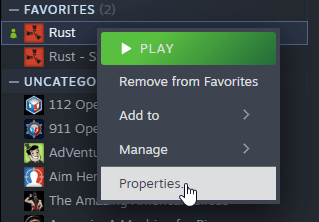 Visual aid on how to open the properties tab of your Rust game location.