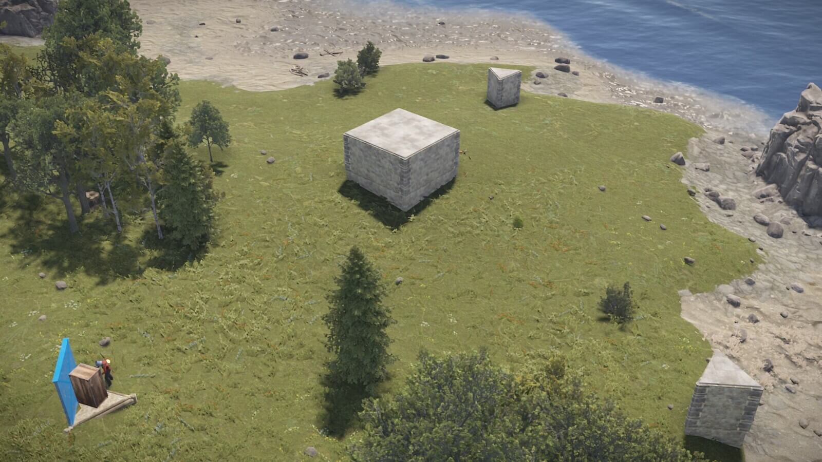 Example of a player utilizing external tool cupboards to claim a larger area of land for a potential compound.