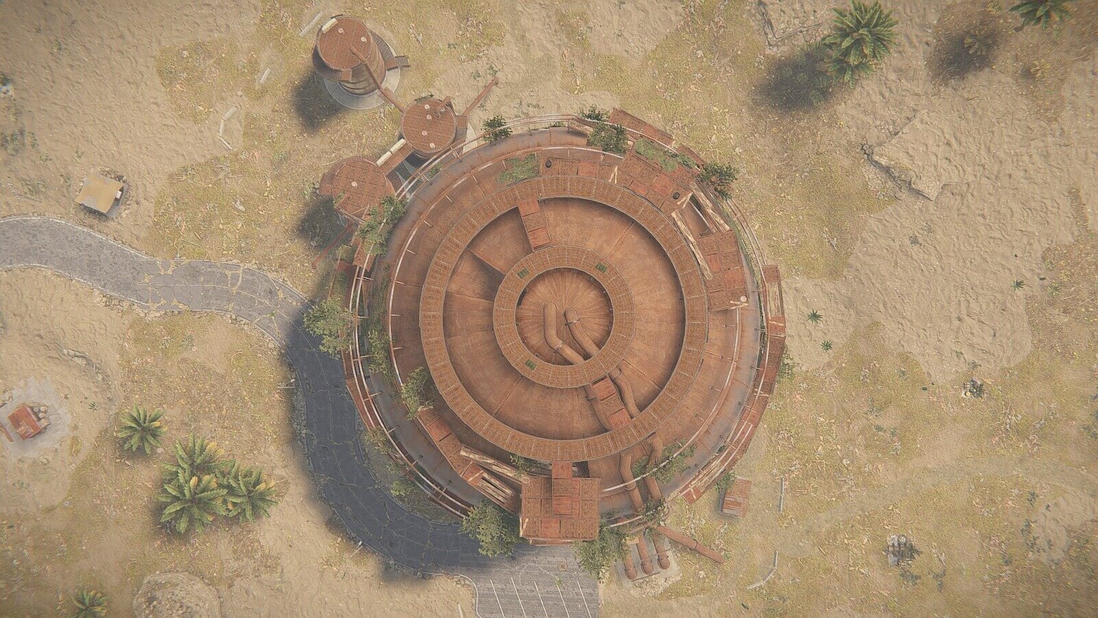 A top down view of the Rust sphere tank monument
