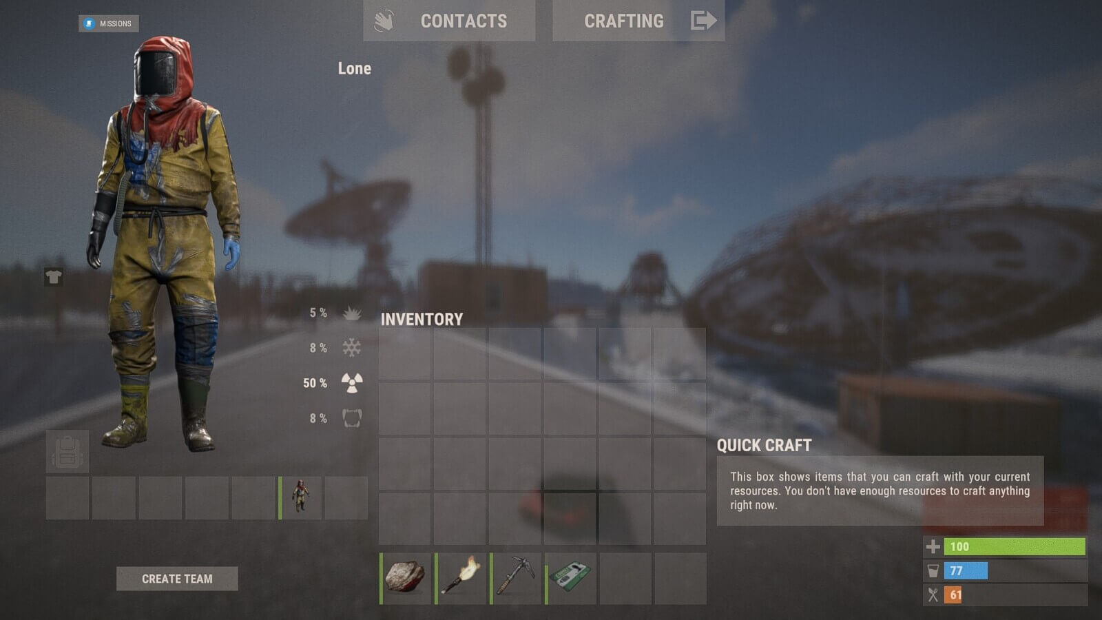A player in Rust wearing a radiation suit which is more than enough to counter the radiation levels at Satellite Dish Rust monument.