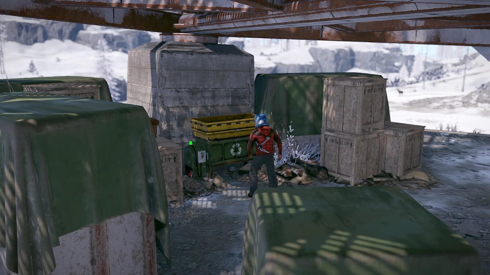 Located under the broken satellite dish you'll find the recycler that's surrounded by several crates providing you useful cover while recycling your components and items.