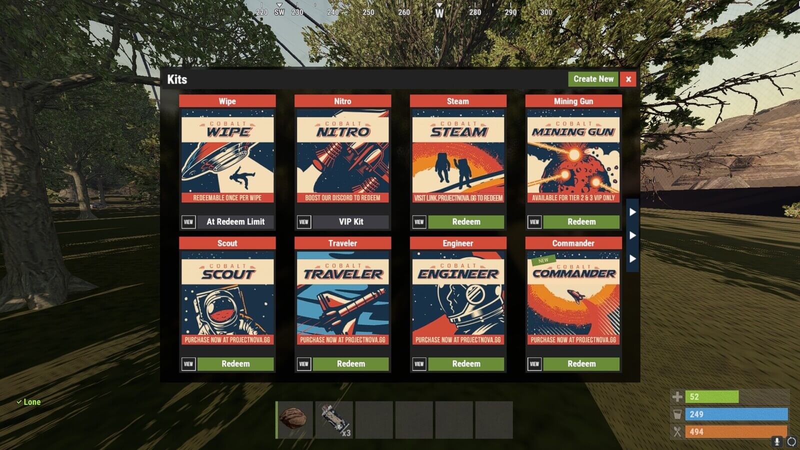 Visual example of a Kits UI screen for players to redeem rewards and packages.