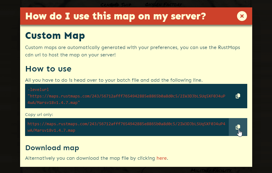 The pop up dialog once you click on the "Use" button once your map is done processing where you can copy your map url to safely use for your server to host with!