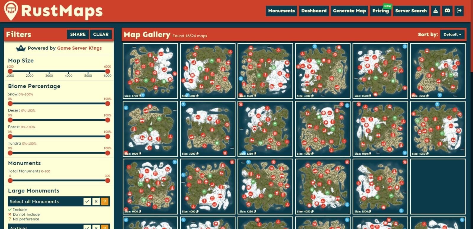 Overview screenshot of the home page of Rustmaps.com featuring their generated collection of procedural maps within their library.