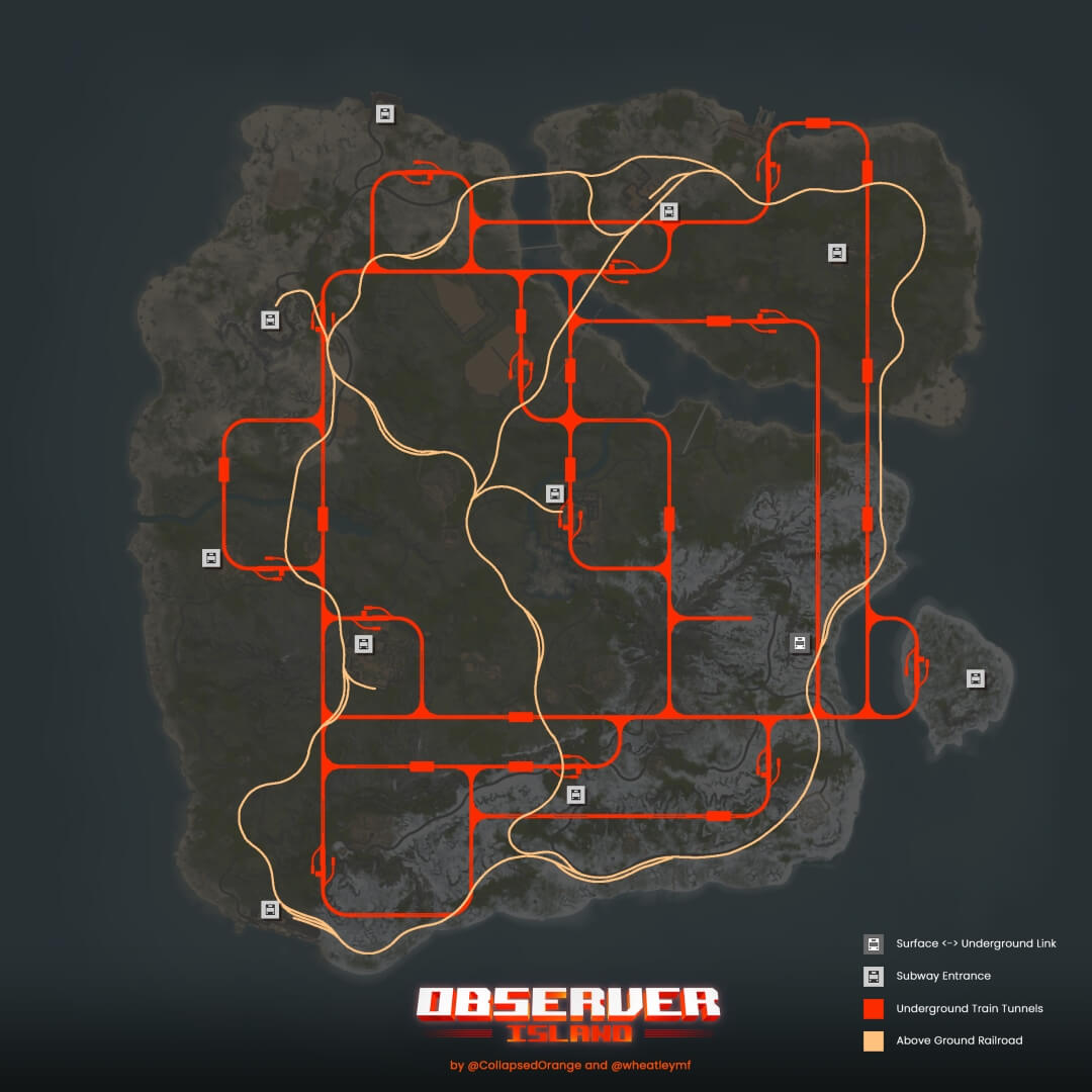 Graphical overview of the train system on Observer Island including the entrances.