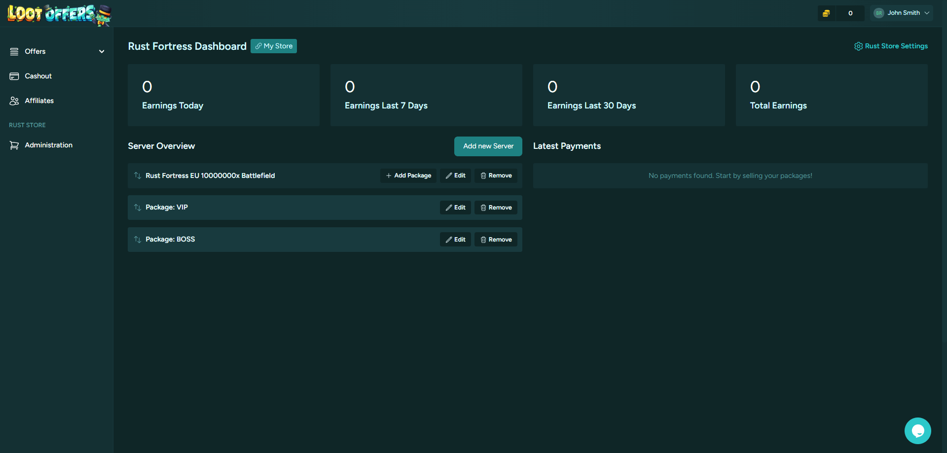 Rust store dashboard overview page for LootOffers.gg